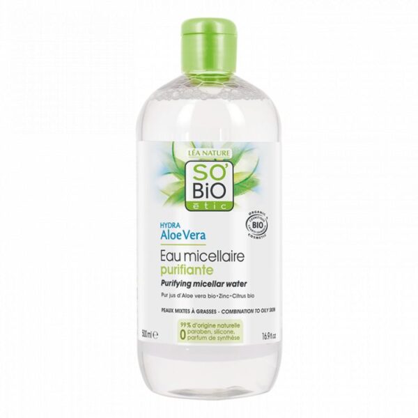 So'Bio Etic Eau Micellaire Purifiante - Pour Les Peaux Mixtes À Grasses A L'Aloe Vera 500Ml